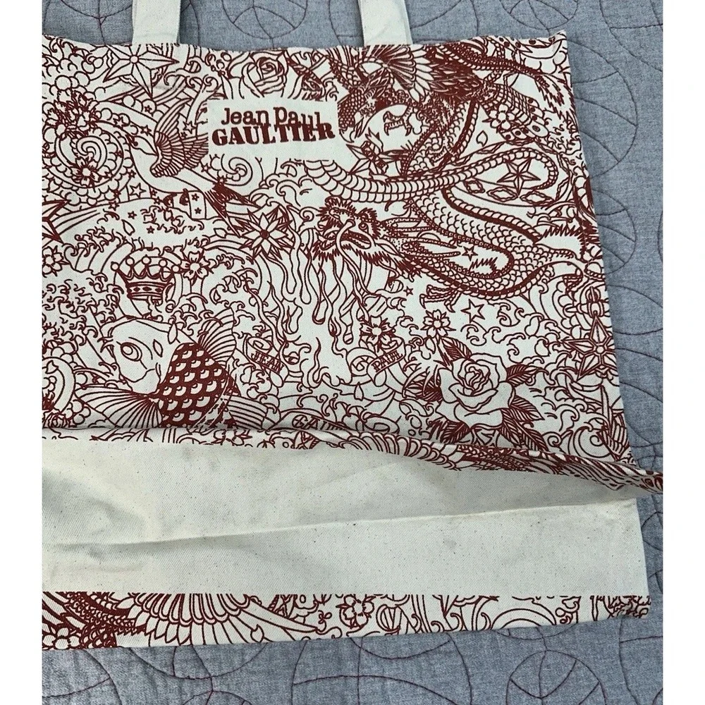 Jean Paul Gaultier Tattoo Tote Bag Red Beige Canvas Dragon Fish / Women's Medium